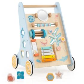 8-in-1 Blue Wooden Baby Walker (1+ Years) - Acrylic Mirror + Xylophone + Shape Sorters, Engages Senses & Boosts Learning