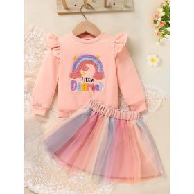 Baby Girls Rainbow Skirt Set Letters Embroidery Long Sleeve Sweatshirt Tops & Rainbow Tutu Skirt Outfits (Option: Pink-3to6 Months)