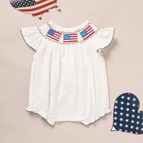 Baby Girl 4th Of July Bubble Romper, Smocked Fly Sleeve Bodysuit With American Flag Embroidery (Option: White-0to3 Months)