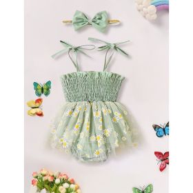 Newborn Infant Baby Girl Summer Outfits Romper Dress Floral Jumpsuit With Bow Headband Set (Option: Green-0to3 Months)