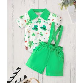 Newborn Baby Boy St. Patrick's Day Clothes Short Sleeve Clover Print Romper & Suspenders Pant 2Pcs Casual Clothes Set (Option: Green-3to6 Months)