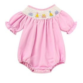 Infant Girls' Cute Birthday Smocked Bubble Romper Short Sleeves Crew Neck Cartoon Embroidery Princess Party Romper Bodysuit (Option: Pink-3to6 Months)