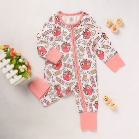 Adorable Infant Romper For Back To School Apple And Pencil Print Long Sleeve Jumpsuit Outfit (Option: Pink-1to3 Months)