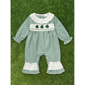 Ewborn Baby Girls Green Plaid Four-leaf Clover Allover Print One-piece Long Sleeve Bodysuit (Option: Green-3to6 Months)