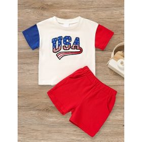 Infant Baby Boy 4th Of July Outfit Set USA Letter Print Color Block T-Shirt & Shorts For Independence Day Celebration (Option: Red-3to6 Months)